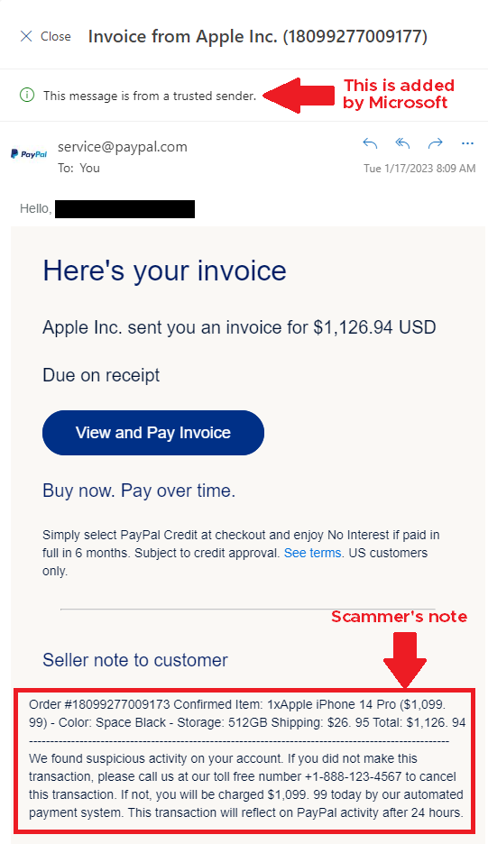 Payment request email received and "trusted" by Microsoft